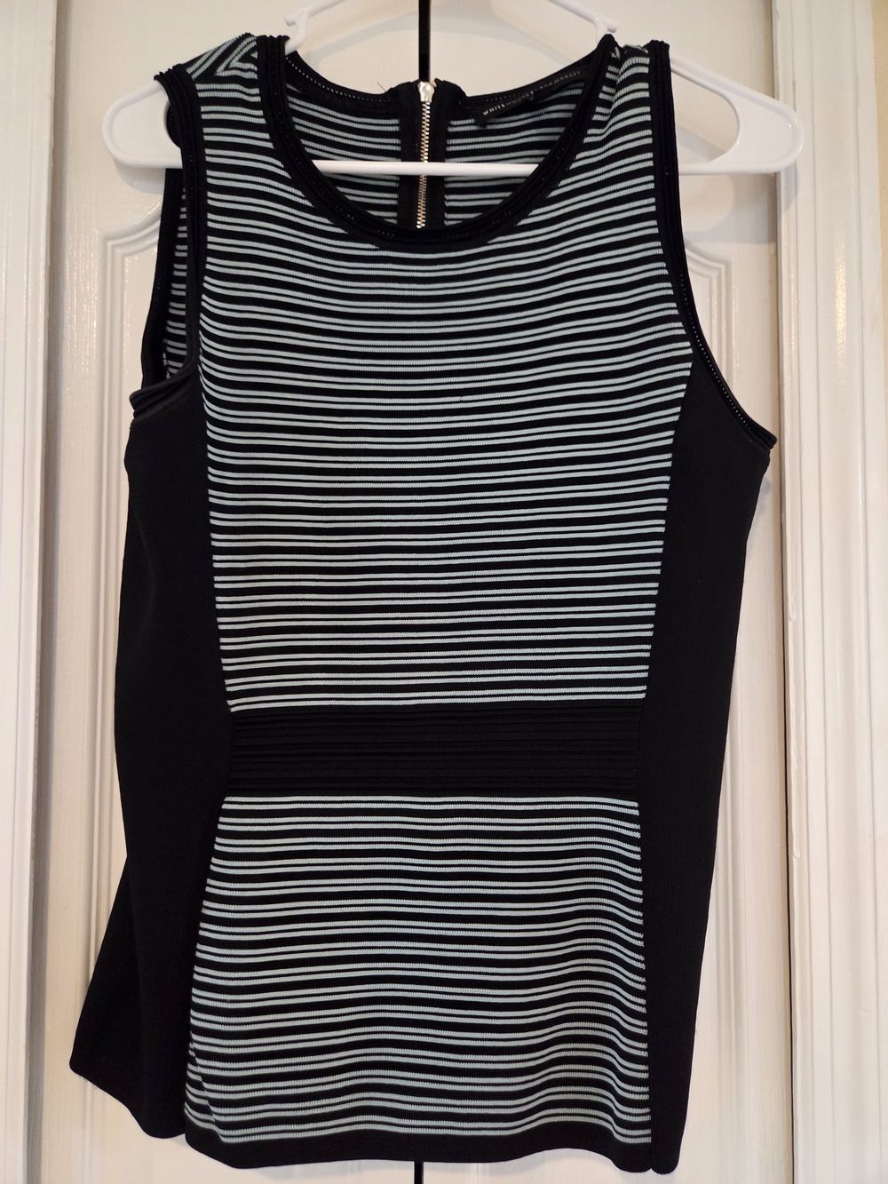 White House Black Market Striped Crewneck Top in Black and Light Blue